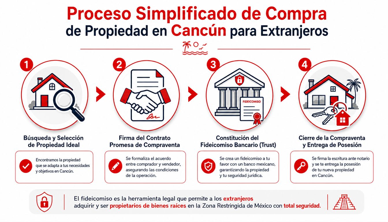Infografía que explica los cuatro pasos del proceso simplificado de compra de propiedades en Cancún para extranjeros.
