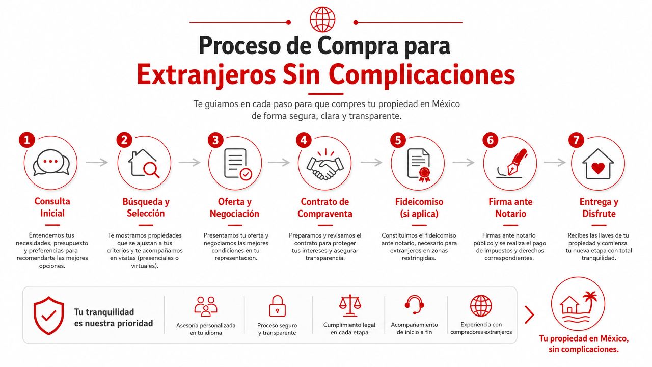 Infografía del proceso de compra de propiedades en México para extranjeros, explicando los siete pasos clave.