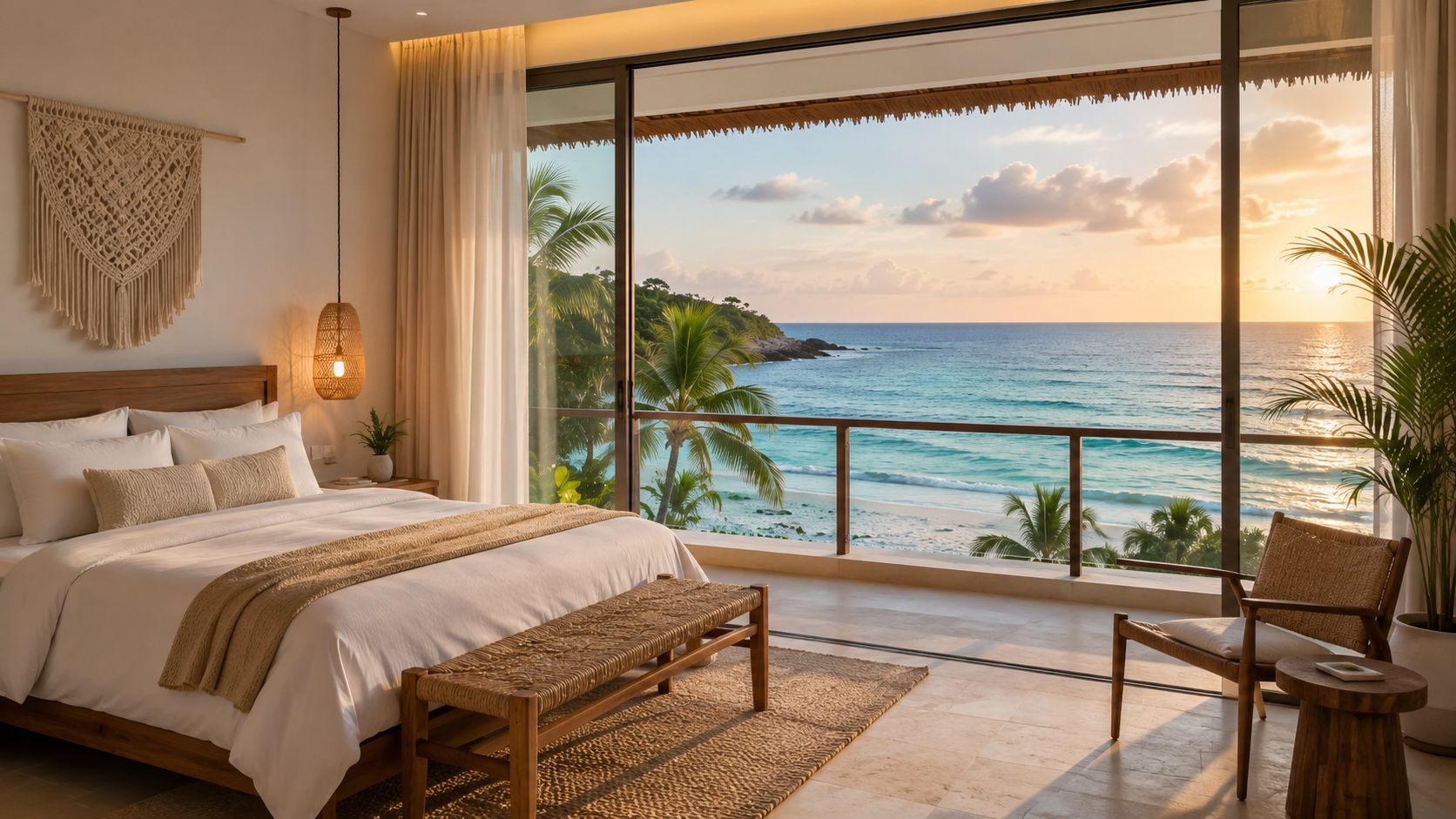 Dormitorio de lujo con vista al mar y decoración tropical en un resort paradisíaco frente a la playa.