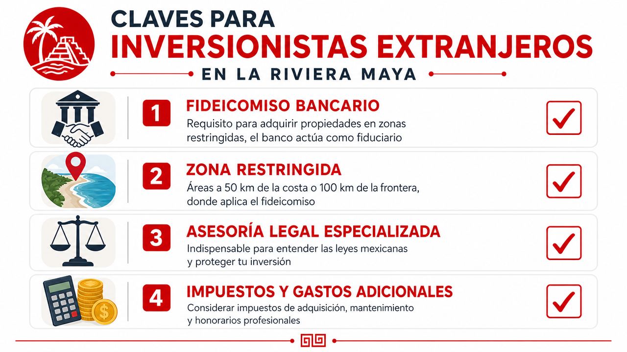 Infografía con cuatro claves esenciales para inversionistas extranjeros al comprar propiedades en la Riviera Maya mexicana.