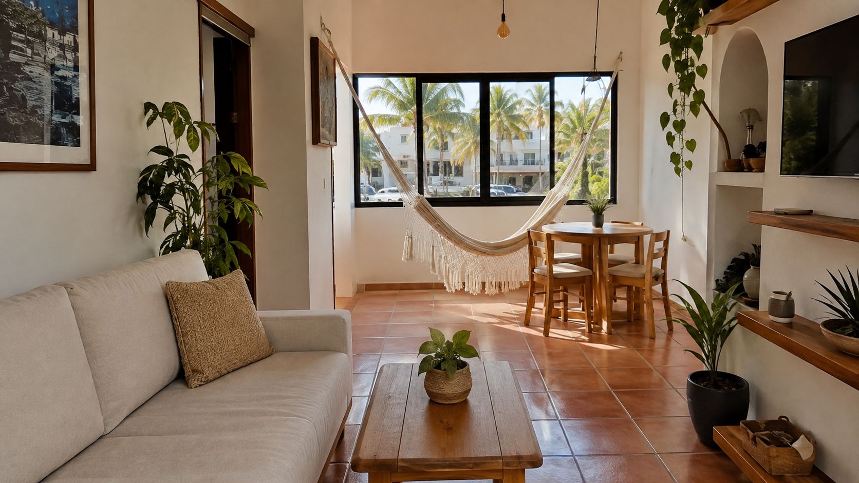 Sala de estar luminosa con un sofá, una hamaca frente a la ventana y decoración tropical acogedora.