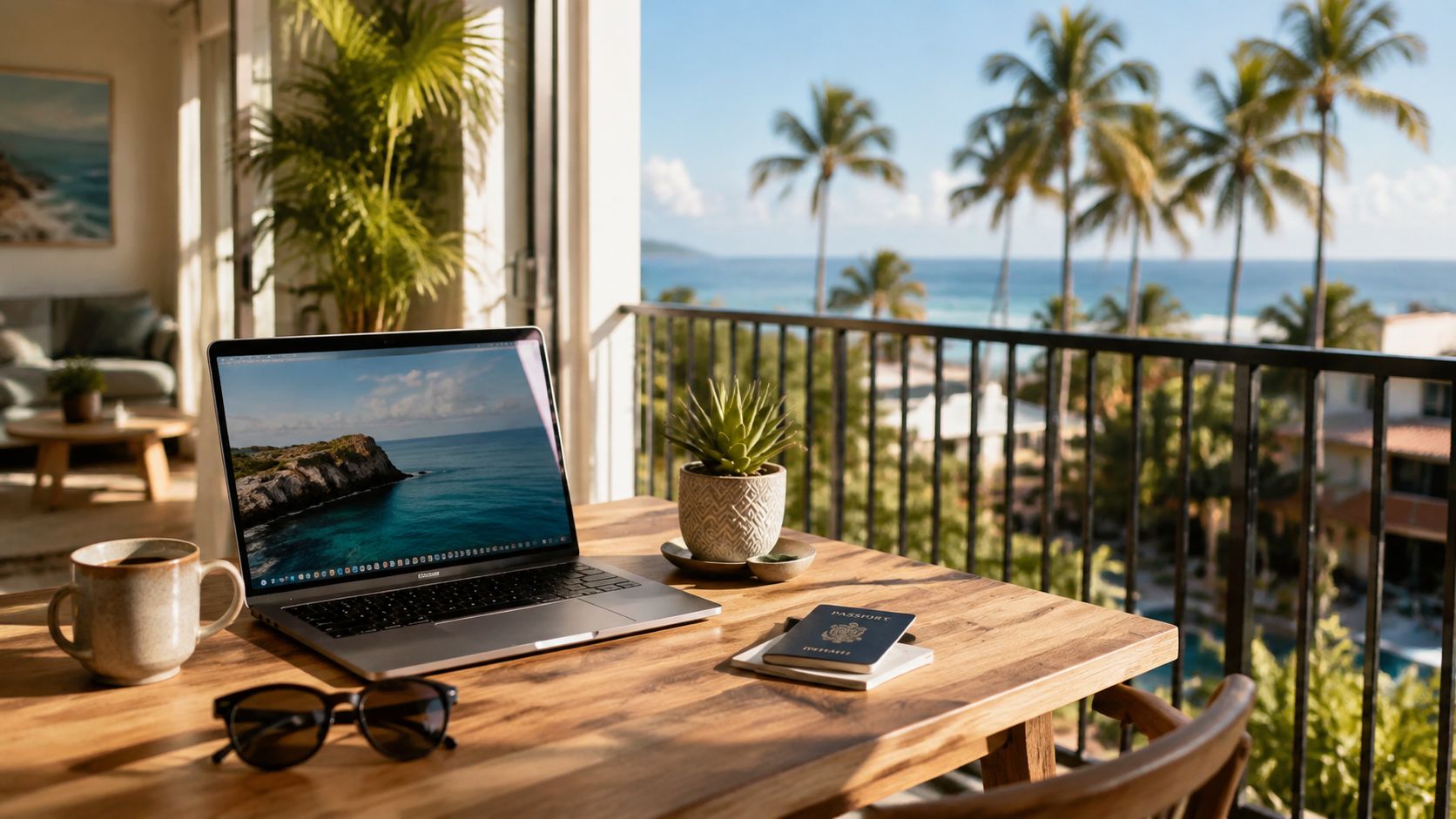 Laptop y pasaporte sobre una mesa de madera en una terraza con vista al mar tropical.