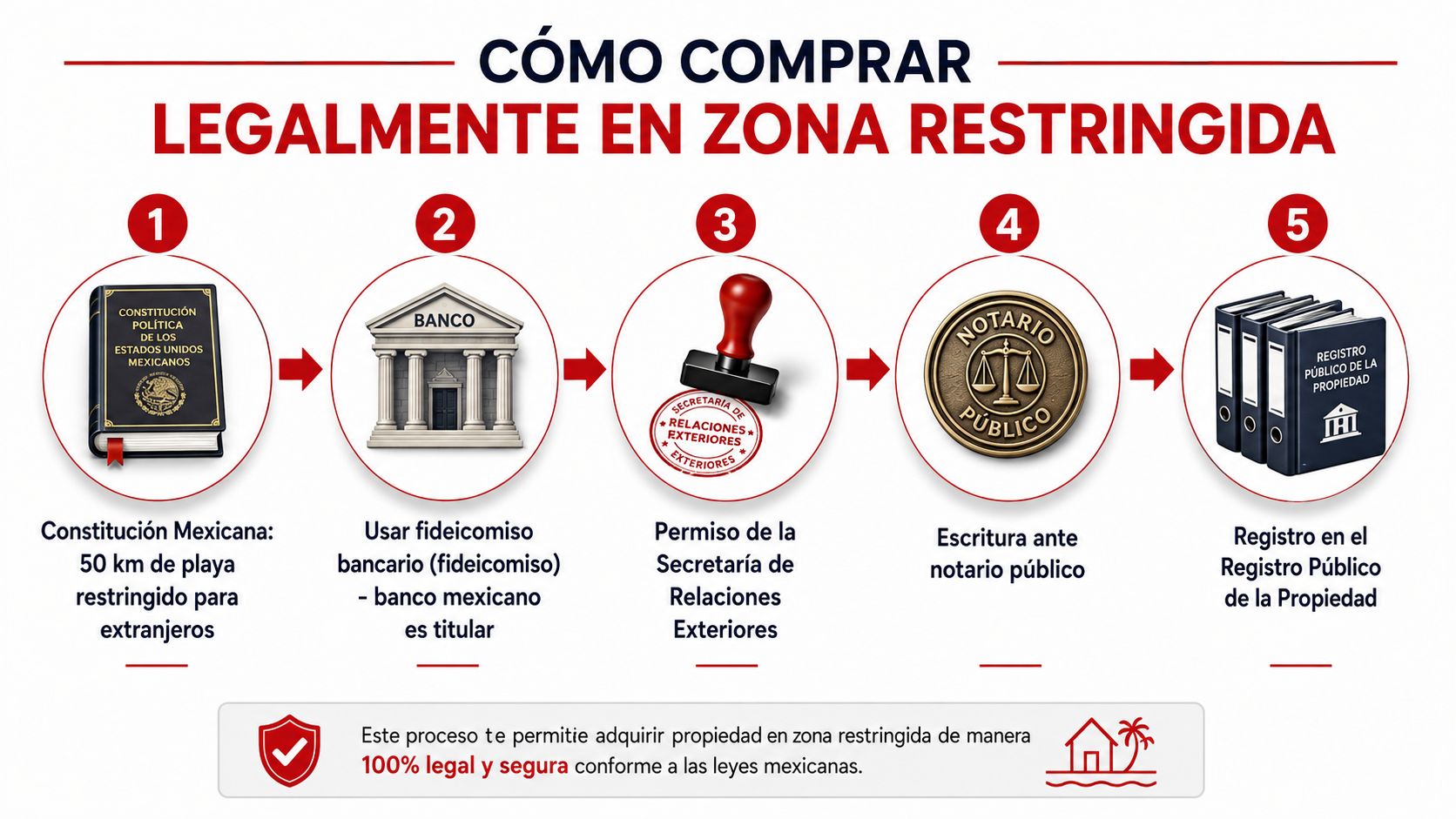 Infografía que explica los cinco pasos legales para comprar propiedades en la zona restringida de México.