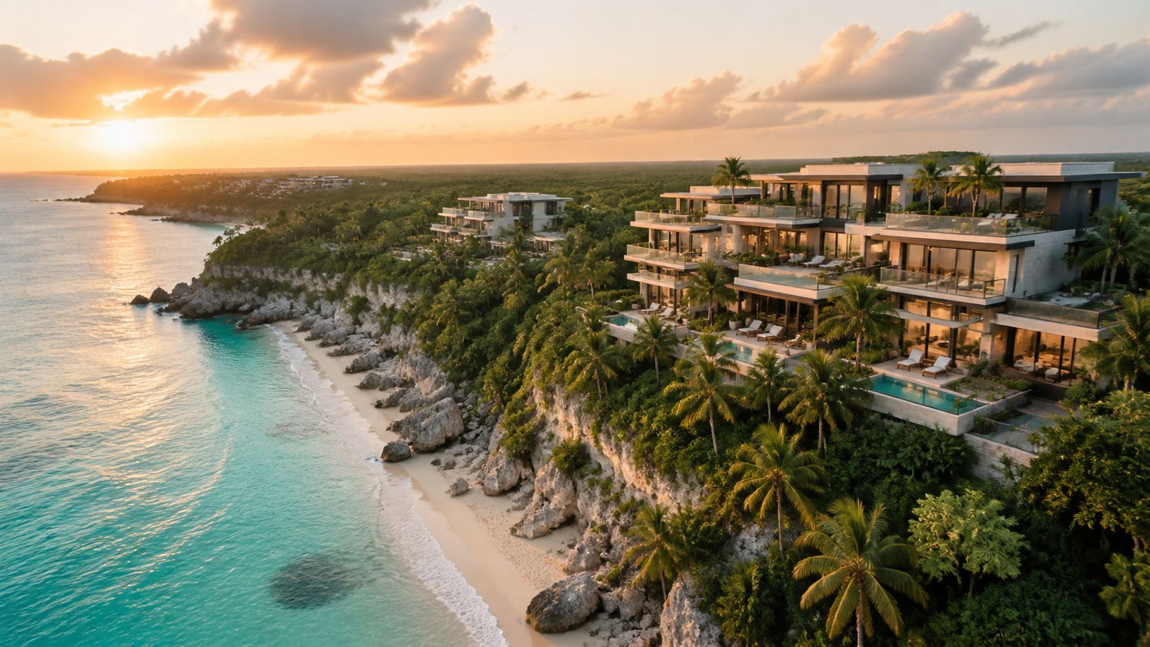 Vista aérea de lujosos condominios en Tulum junto a un acantilado frente al mar al atardecer.