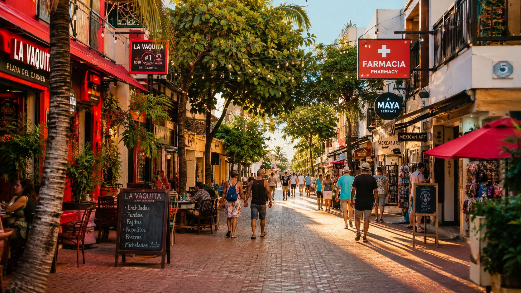 Una concurrida calle turística en Playa del Carmen con restaurantes, tiendas y personas caminando bajo árboles frondosos.
