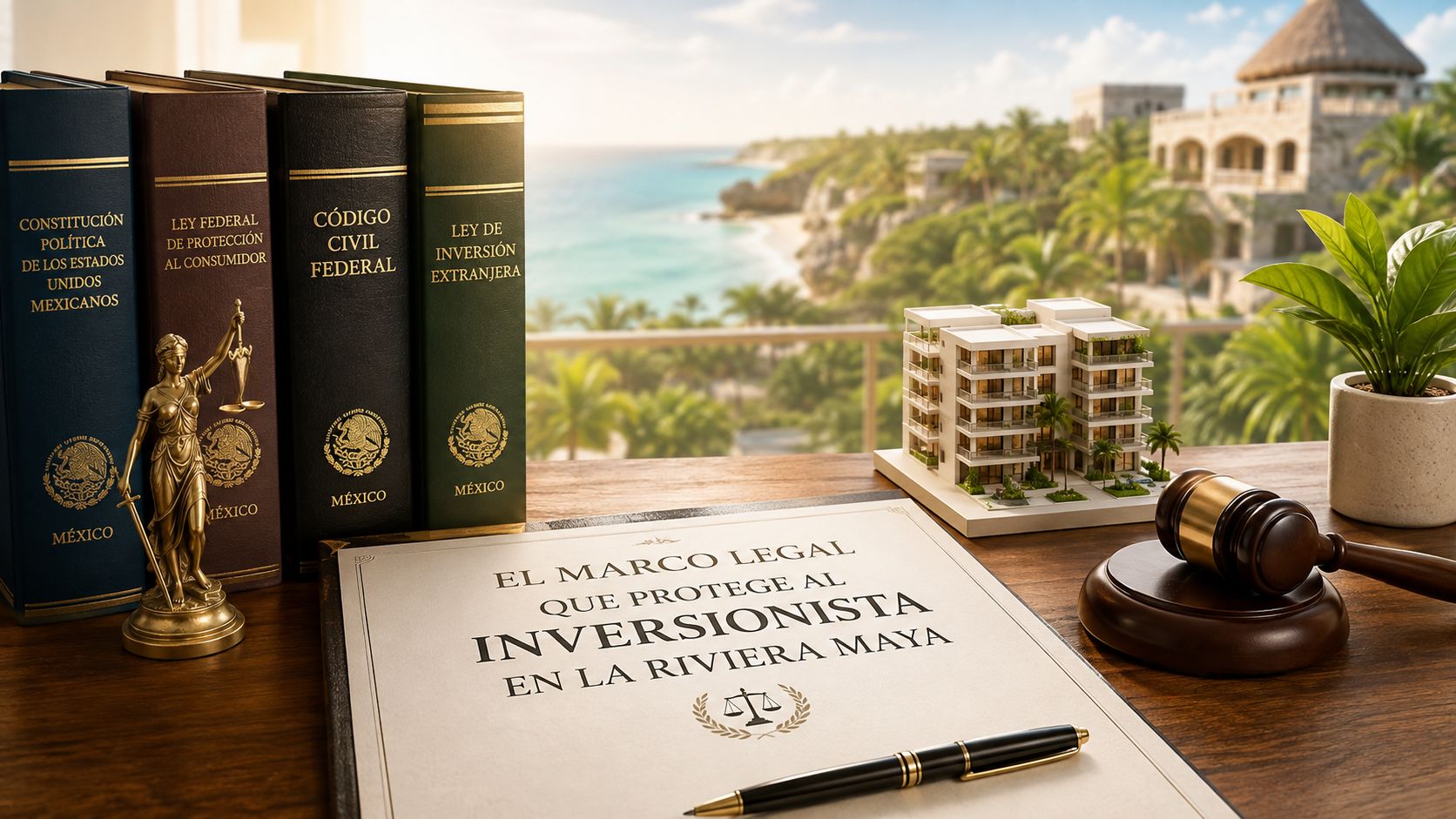 Libros de leyes mexicanas, una balanza de justicia y una maqueta arquitectónica en una oficina con vista al mar.