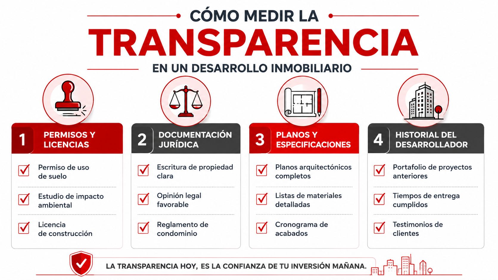 Infografía sobre los cuatro puntos clave para garantizar la transparencia en los proyectos de desarrollo inmobiliario.