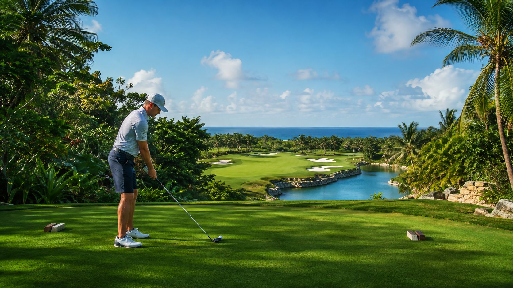 Un golfista profesional preparándose para realizar un golpe en un campo de golf tropical junto al mar.