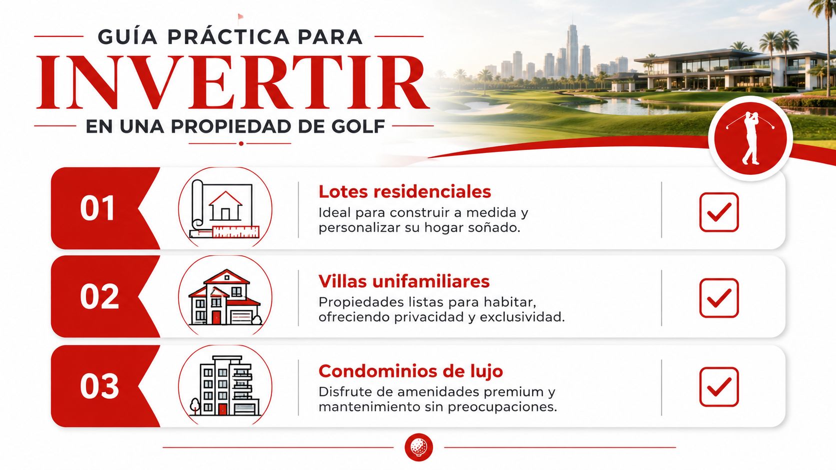 Guía informativa sobre opciones de inversión inmobiliaria en propiedades ubicadas dentro de campos de golf de lujo.