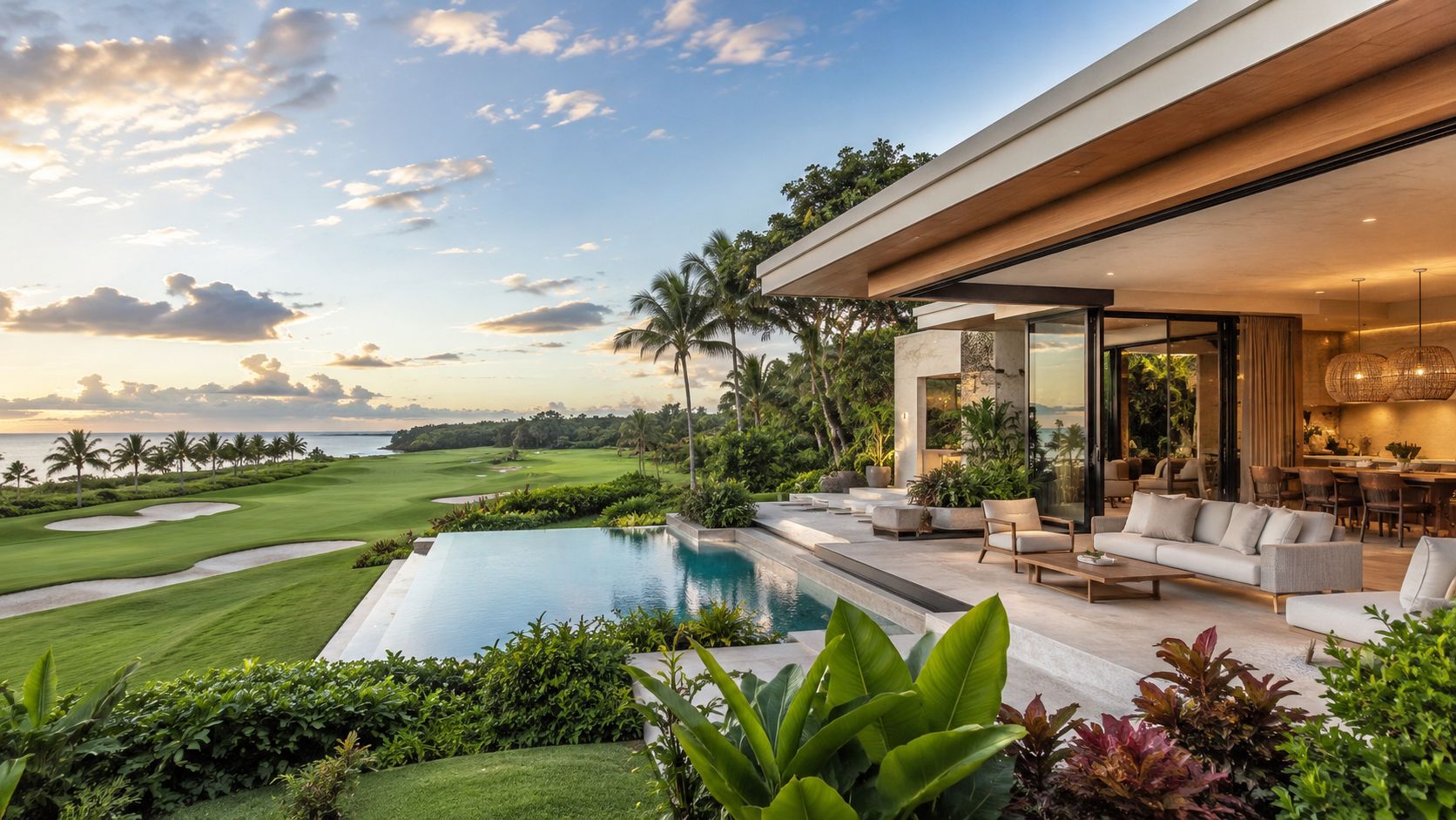 Lujosa villa contemporánea con piscina infinita frente a un campo de golf junto al mar Caribe.