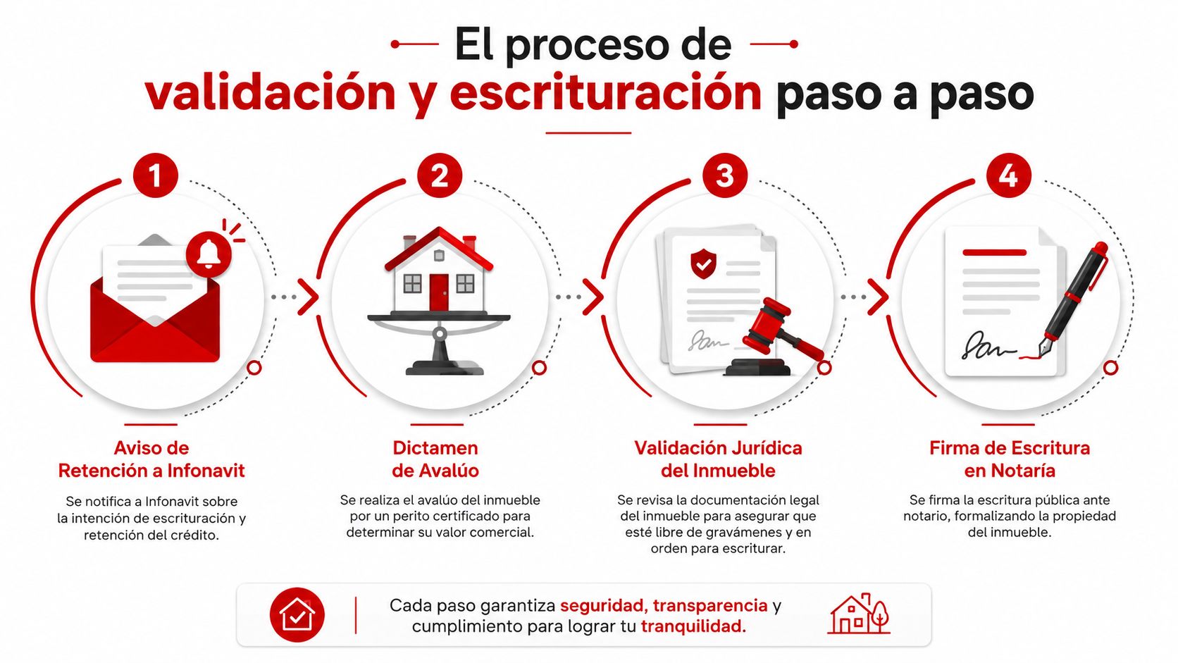 Infografía que explica paso a paso el proceso de validación y escrituración para créditos de vivienda Infonavit.
