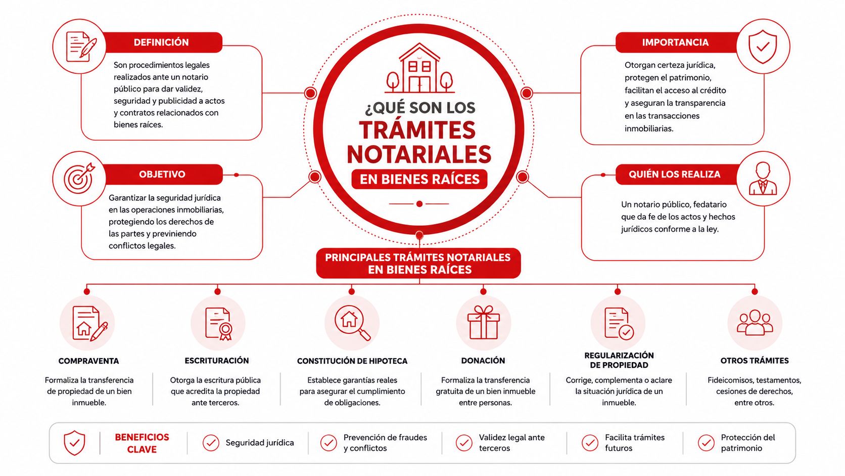 Infografía sobre trámites notariales en bienes raíces, explicando su definición, importancia y procesos principales para propiedades inmobiliarias.
