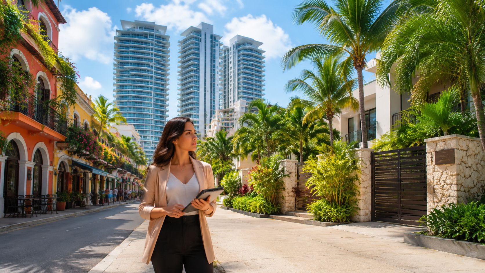 Mujer profesional de negocios sosteniendo una tableta en una calle soleada rodeada de edificios modernos y tropicales.