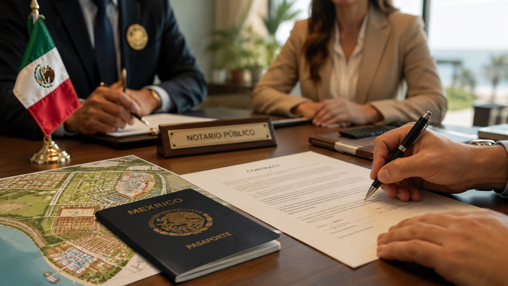 Una persona firma un contrato sobre una mesa con un pasaporte mexicano y un plano arquitectónico.