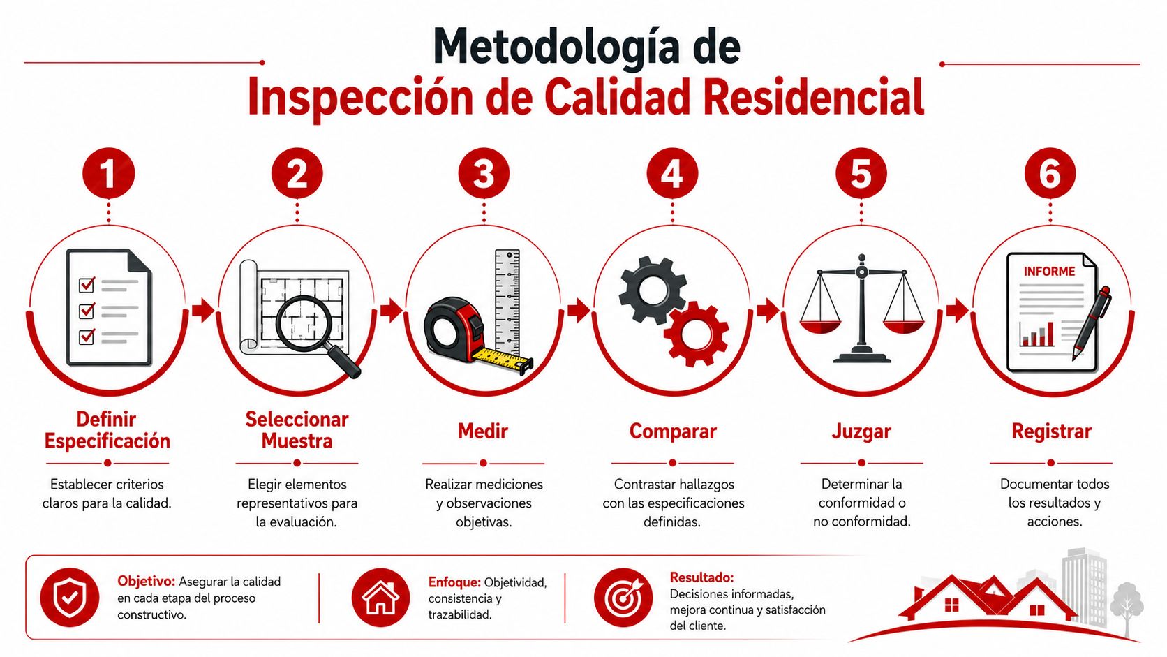 Diagrama de flujo de seis pasos que explica la metodología de inspección de calidad en proyectos residenciales.