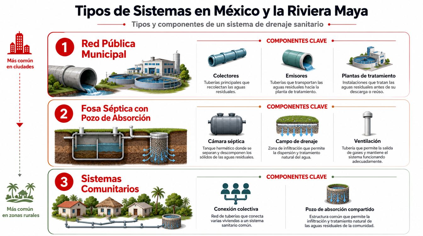 Infografía sobre los tipos de sistemas de drenaje sanitario utilizados en México y la Riviera Maya.