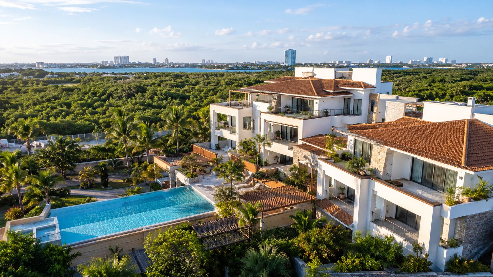 Vista aérea de una lujosa villa residencial en Cancún con piscina privada y exuberante vegetación tropical.