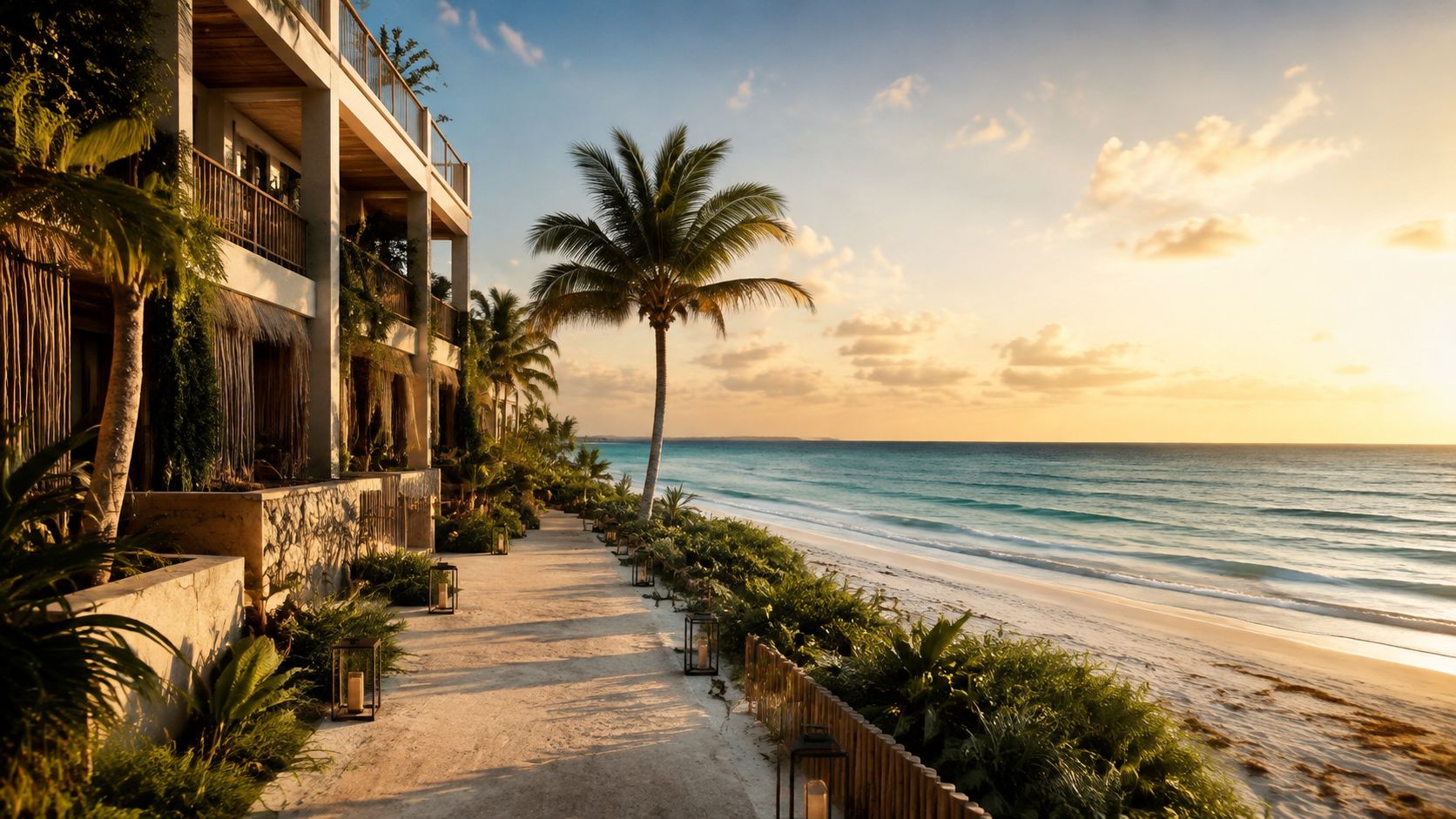 Vista impresionante de un hotel de lujo junto al mar al atardecer en Tulum, rodeado de vegetación tropical.
