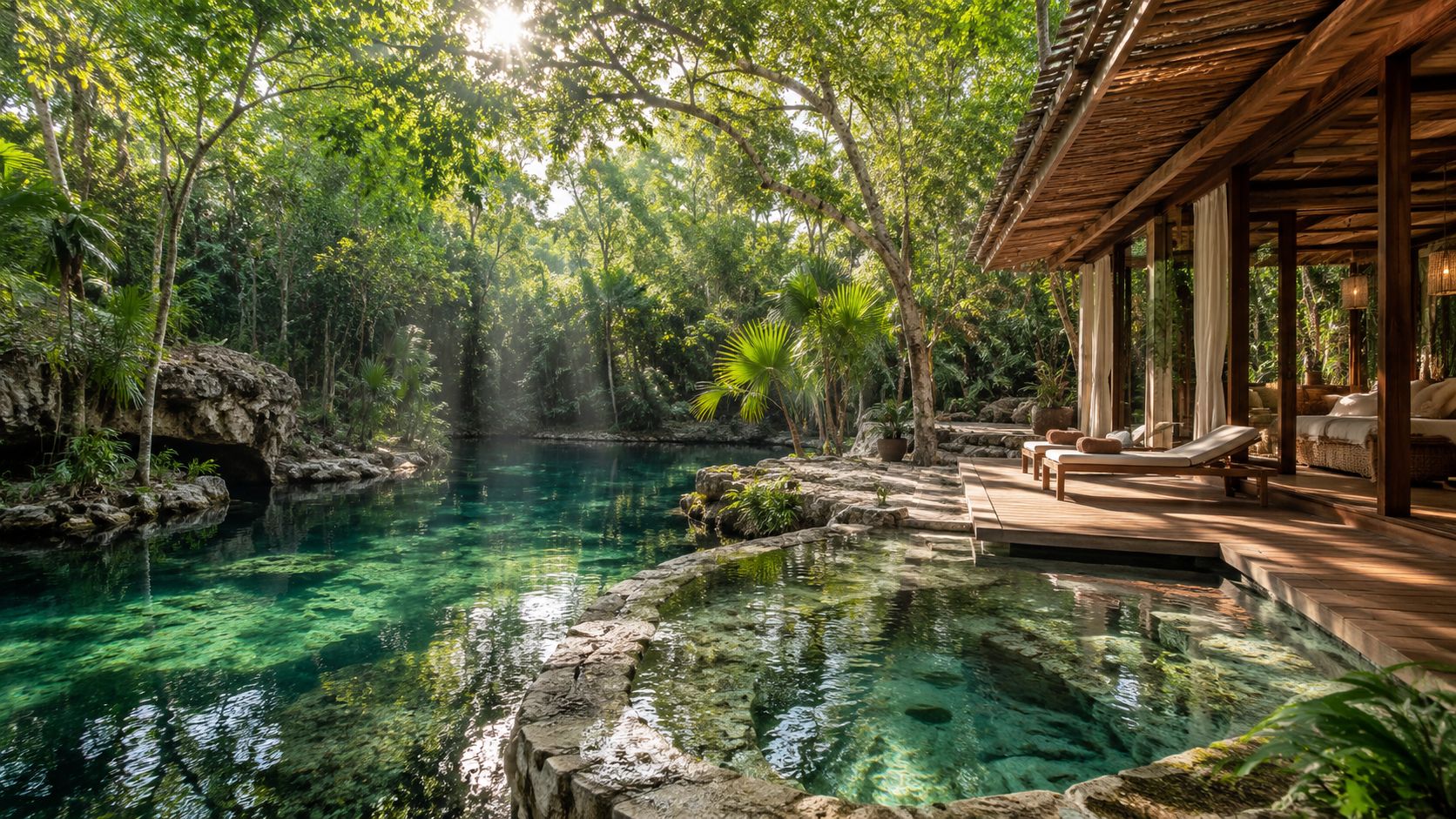 Lujosa cabaña de madera frente a un cenote cristalino rodeado de selva tropical en Tulum, México.