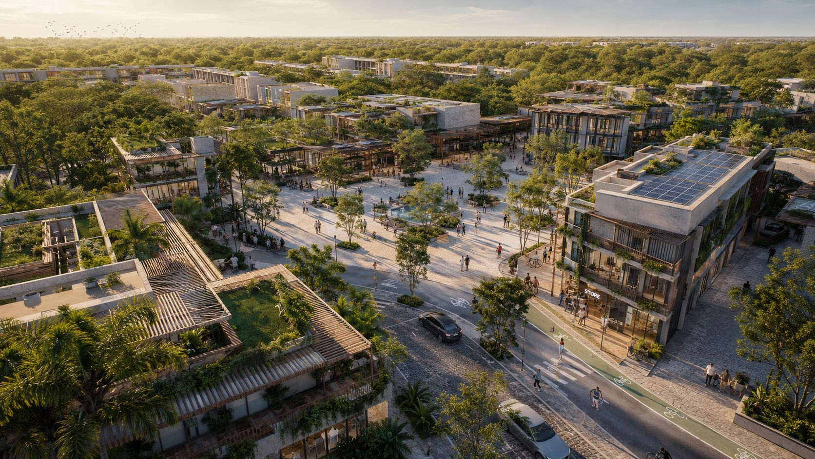Vista aérea de un moderno complejo residencial eco-amigable con calles peatonales y vegetación en Tulum, México.