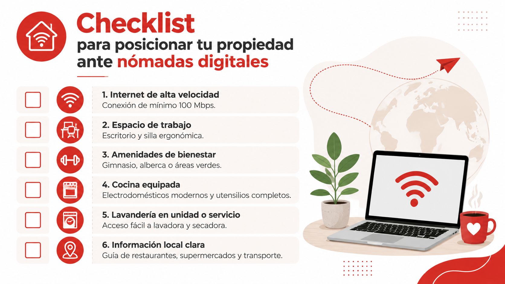 Lista de verificación para preparar propiedades inmobiliarias para recibir y hospedar nómadas digitales de forma eficiente.