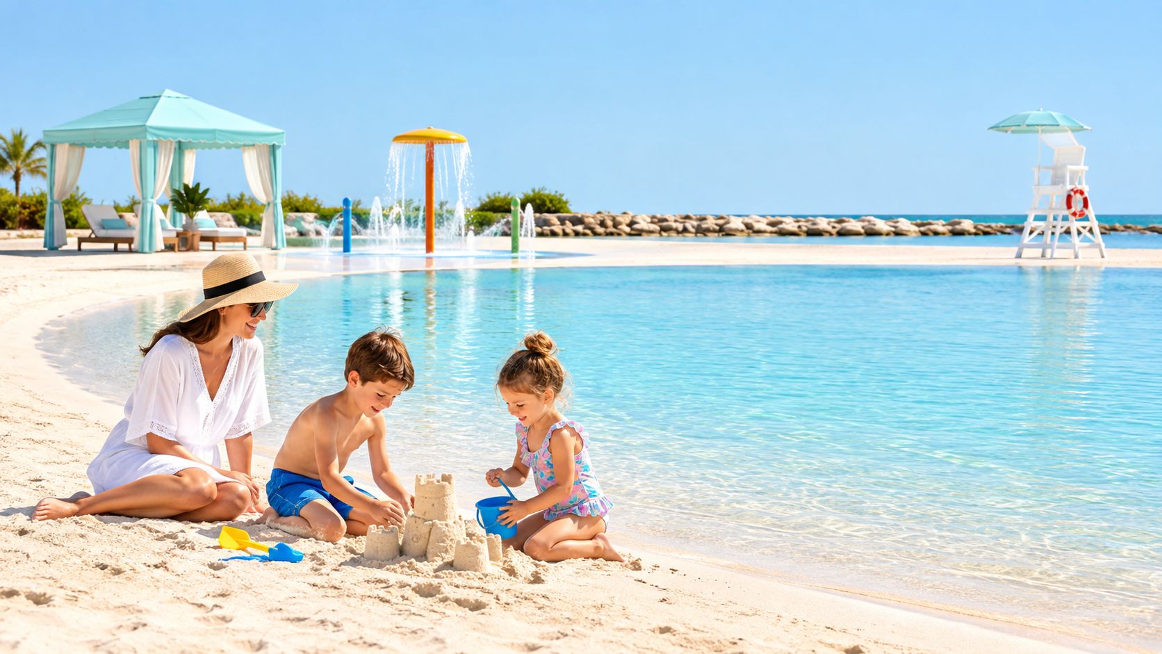 Una madre y sus dos hijos pequeños construyendo un castillo de arena en una playa paradisíaca tropical.