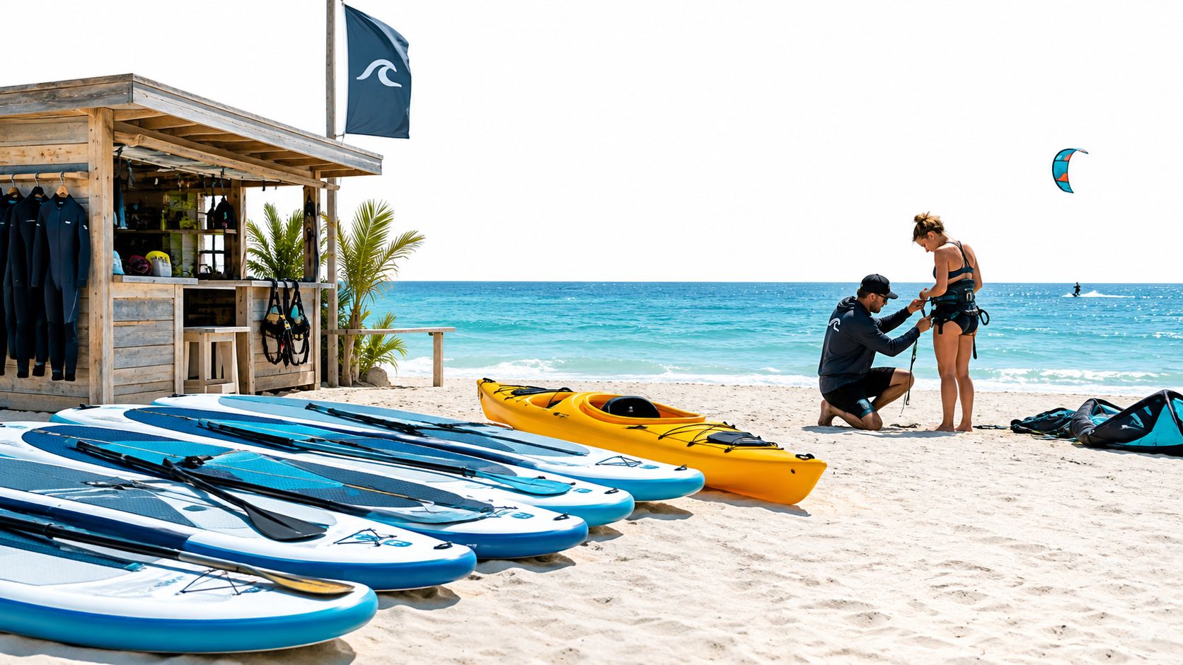 Un instructor de kitesurf ayuda a una estudiante con su equipo en una playa soleada en Cancún.