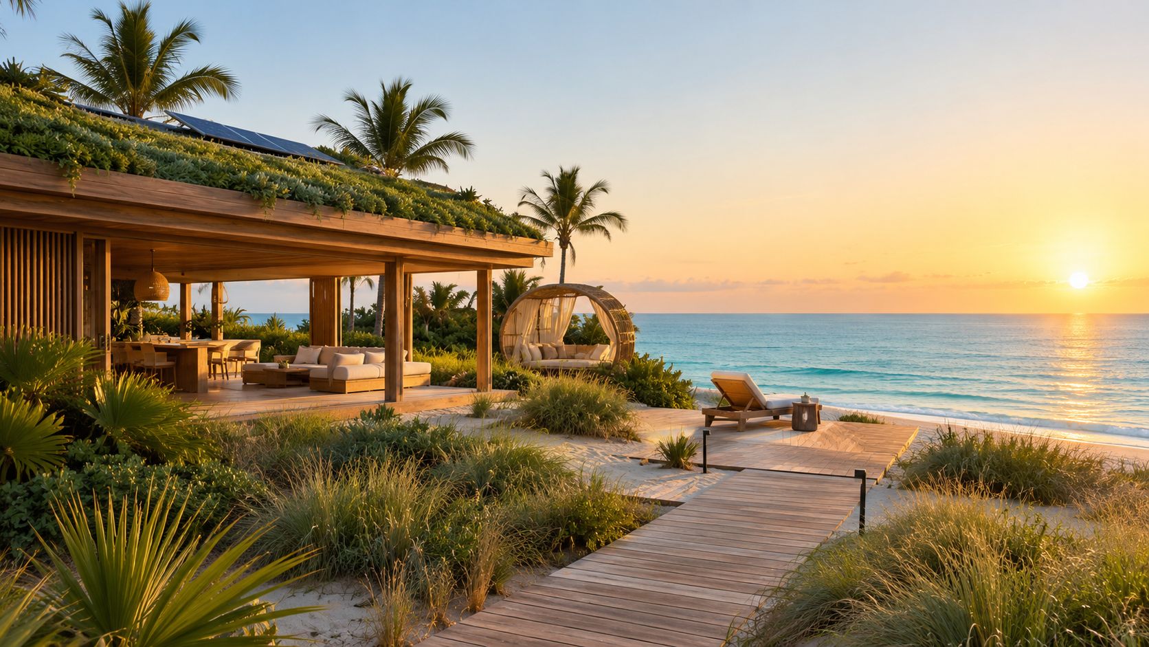 Lujosa villa de playa frente al mar con terraza de madera, mobiliario elegante y espectacular atardecer tropical.