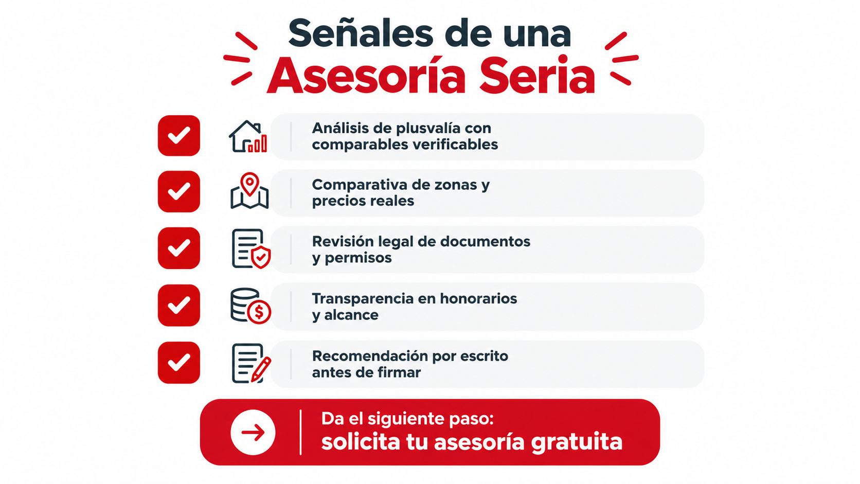 Infografía con cinco señales clave de una asesoría inmobiliaria seria y confiable para inversionistas.