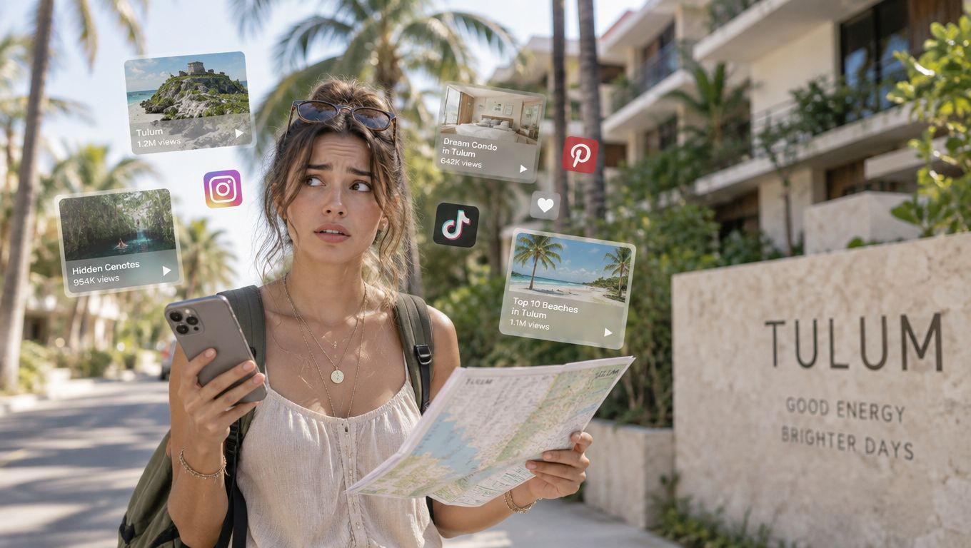 Una mujer joven sostiene un mapa y un teléfono inteligente frente a un letrero de Tulum, México.