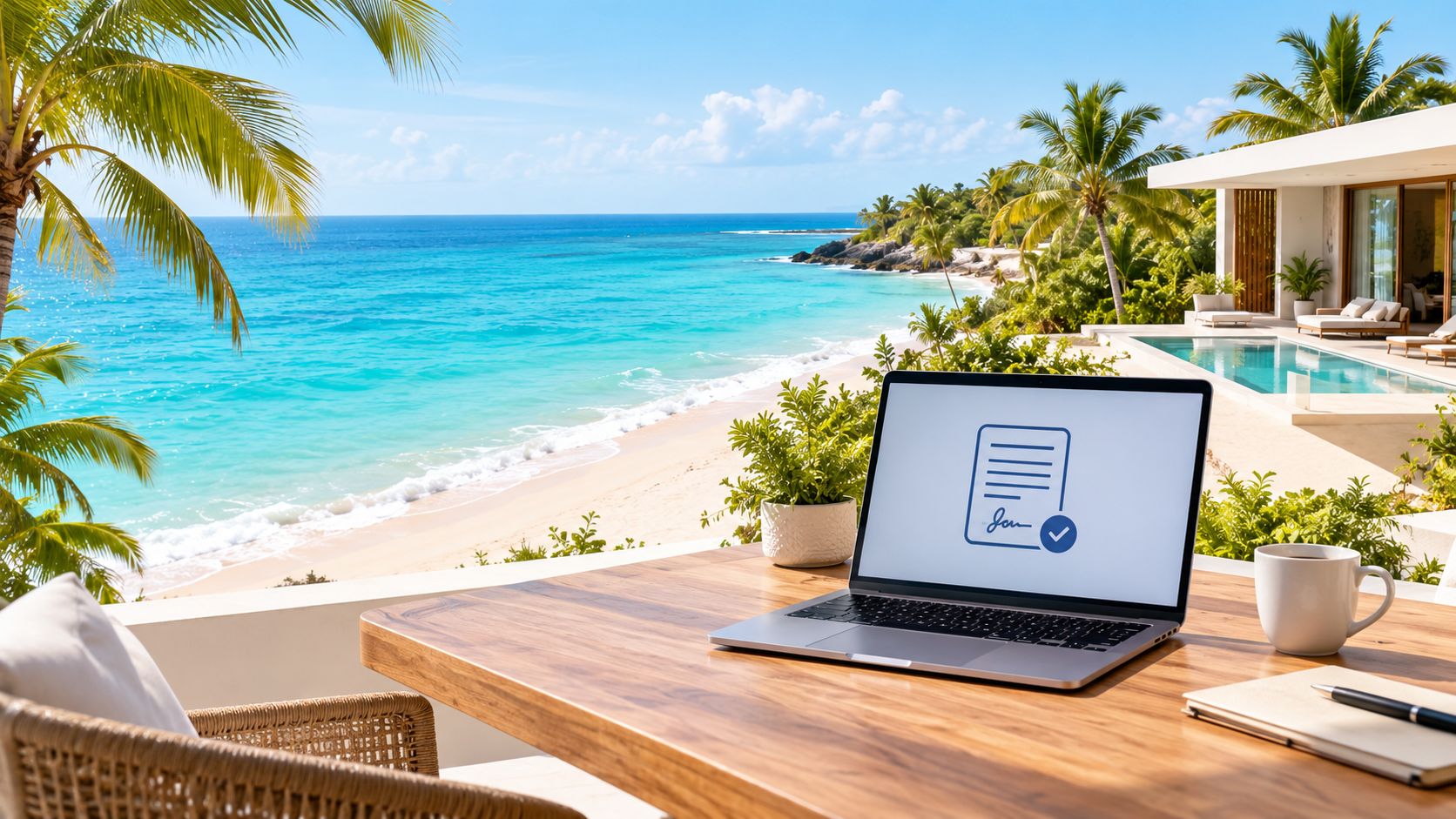 Ordenador portátil con un contrato firmado digitalmente sobre una mesa frente a una hermosa playa tropical.