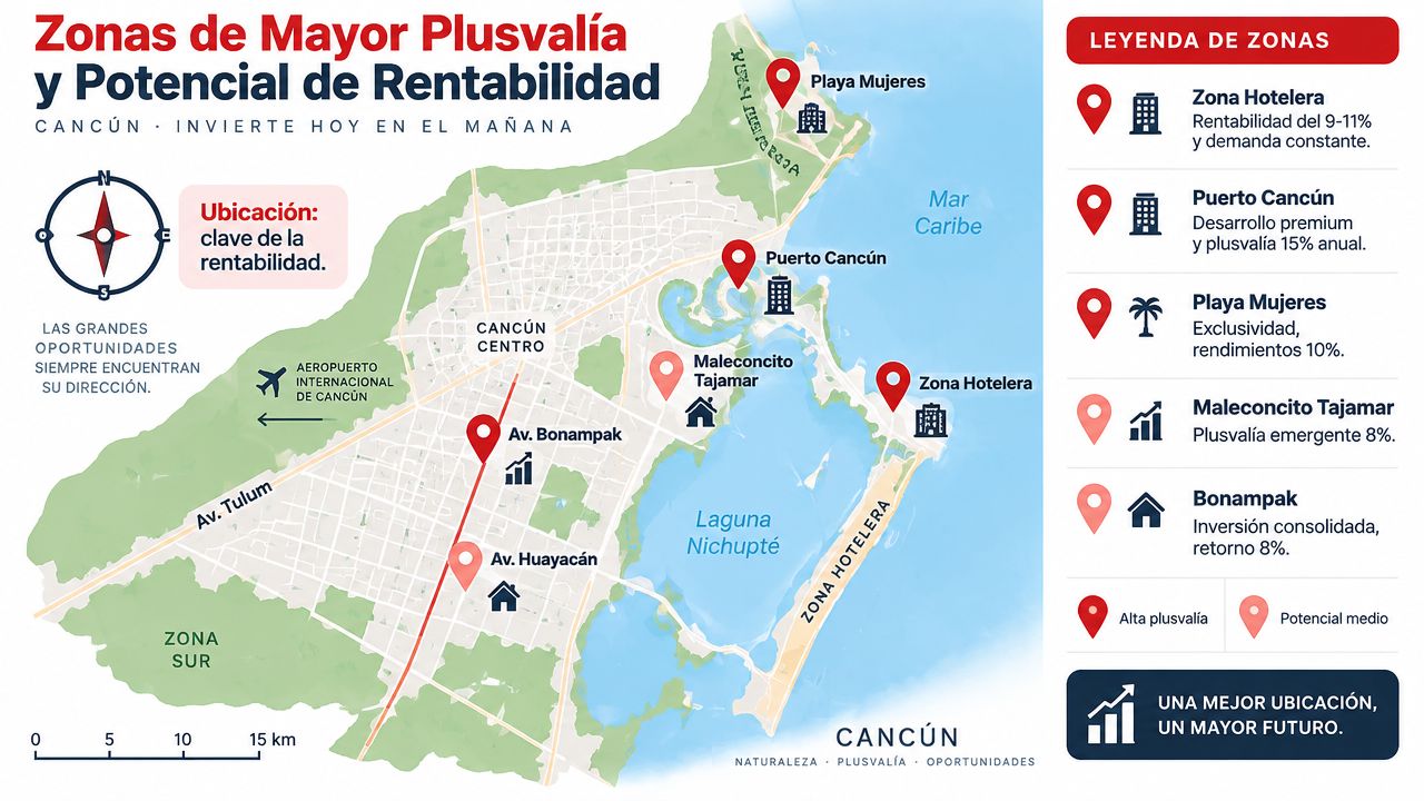 Mapa de Cancún destacando zonas estratégicas con mayor plusvalía y potencial de rentabilidad para invertir en bienes raíces.