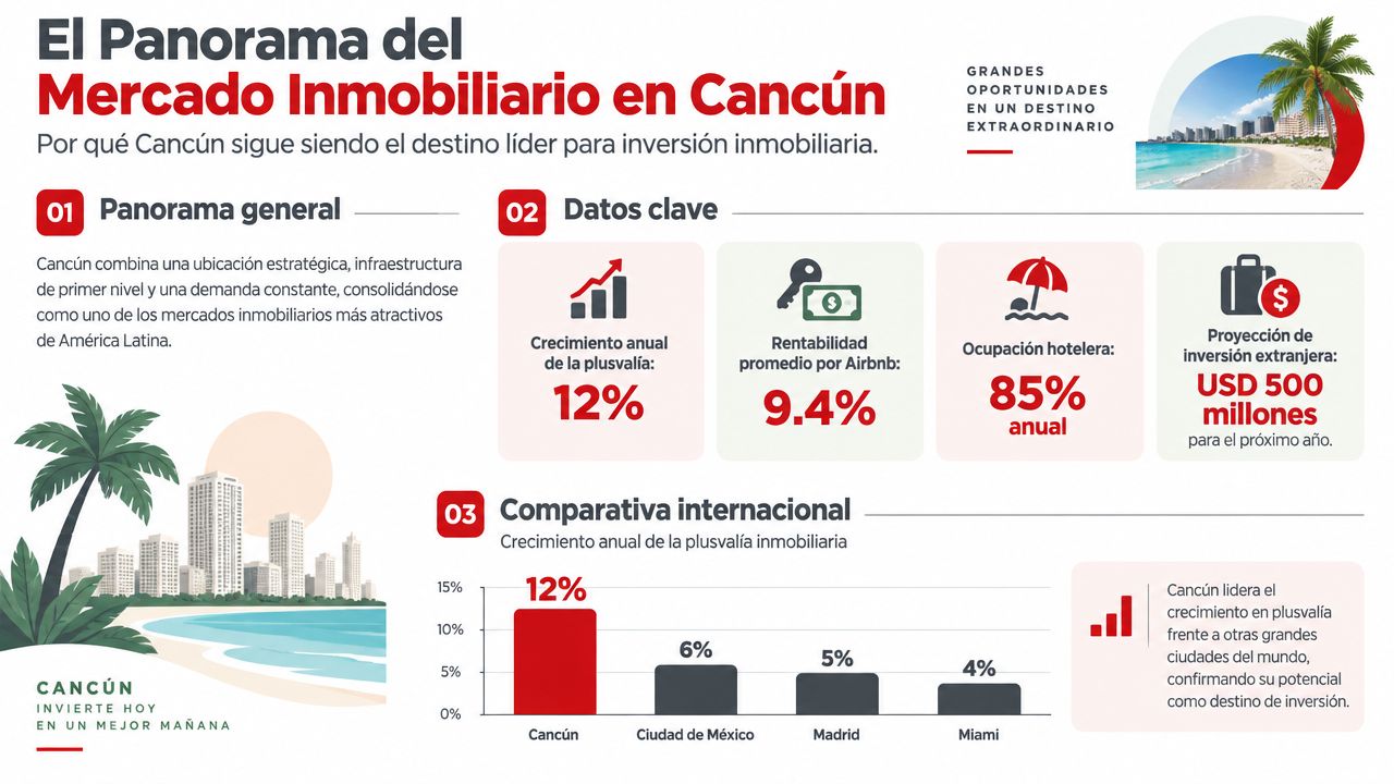 Infografía sobre el mercado inmobiliario en Cancún destacando el crecimiento, la rentabilidad y las oportunidades de inversión.