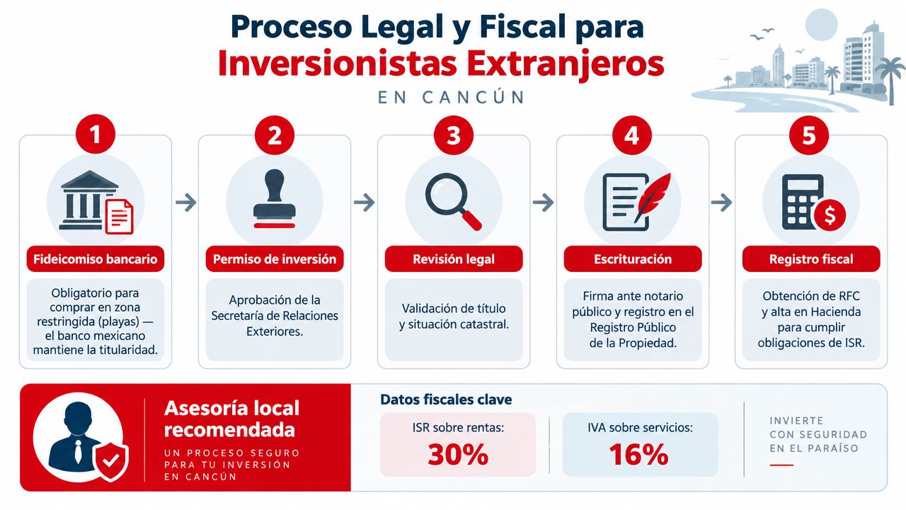 Infografía sobre el proceso legal y fiscal para realizar inversiones extranjeras en bienes raíces en Cancún.