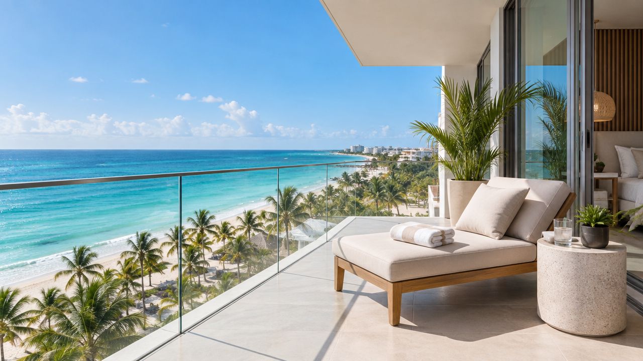 Una lujosa terraza con una tumbona frente a una playa paradisíaca en el Caribe mexicano