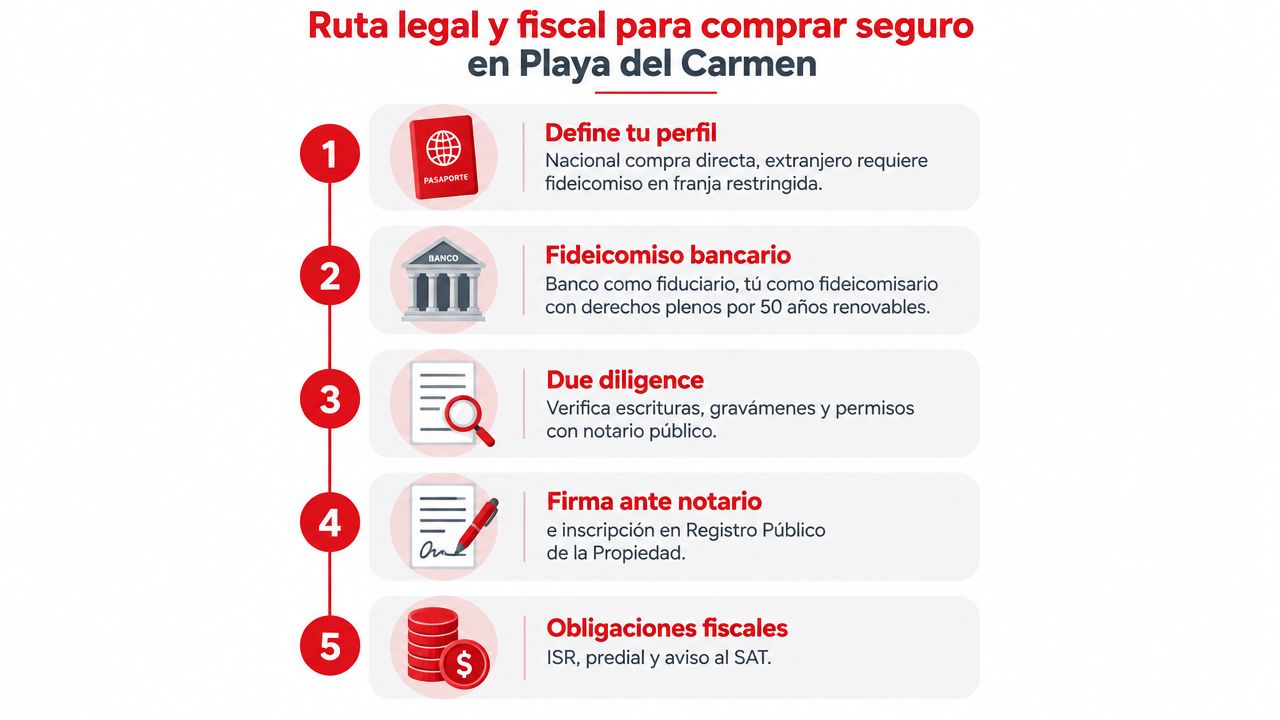 Infografía sobre el proceso legal y fiscal para comprar una propiedad de manera segura en Playa del Carmen.