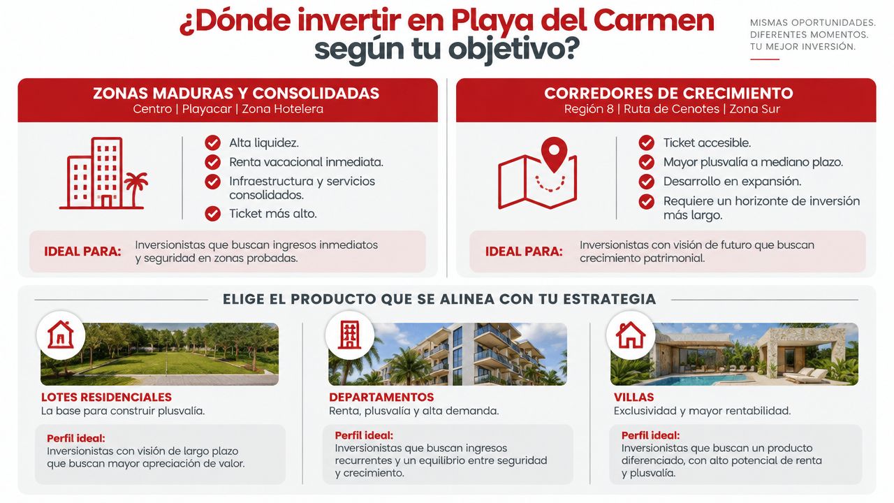 Infografía sobre opciones y estrategias para invertir en bienes raíces en Playa del Carmen, México.