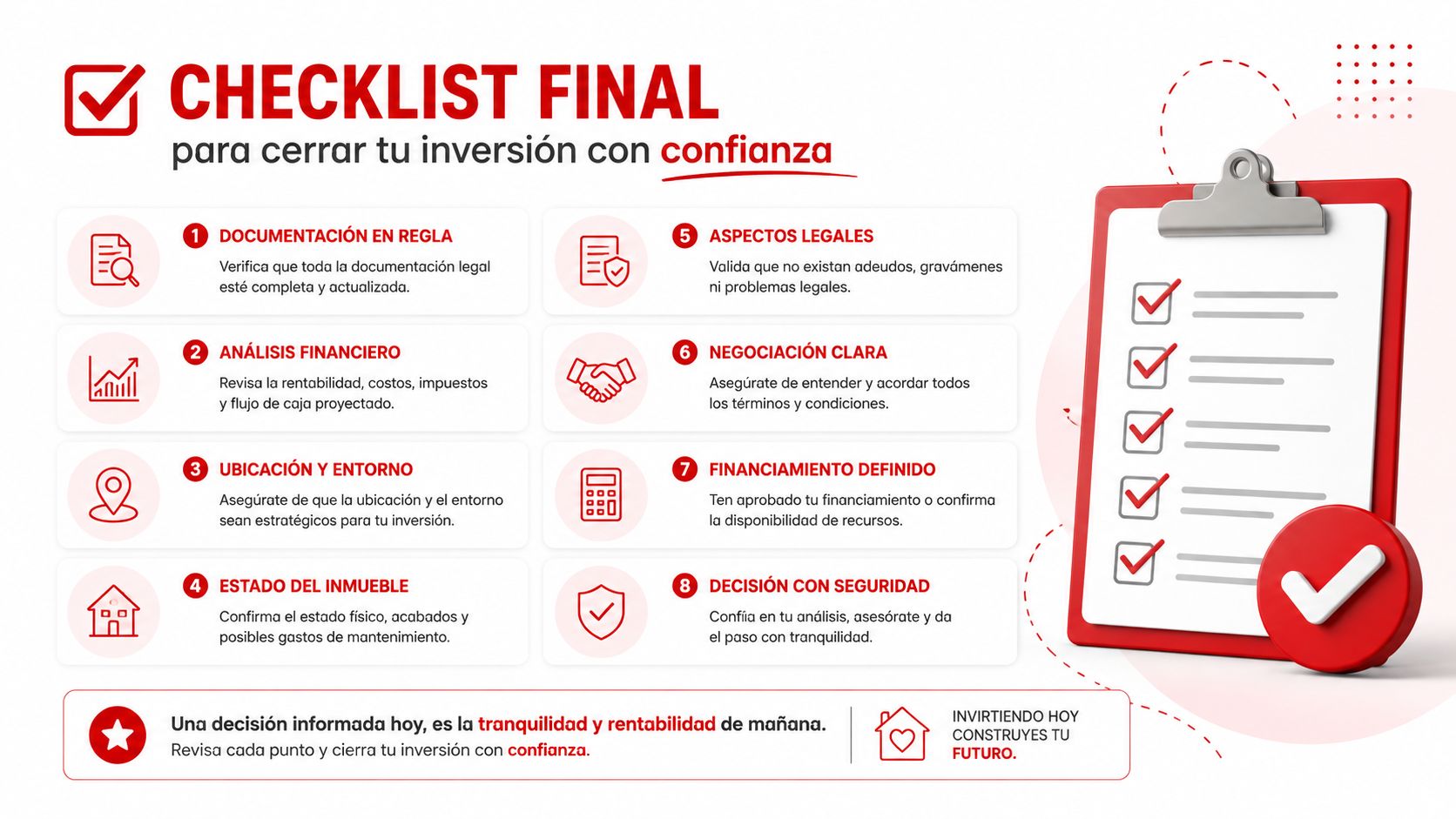 Lista de verificación infográfica para inversionistas inmobiliarios que buscan realizar una inversión segura y bien planificada.