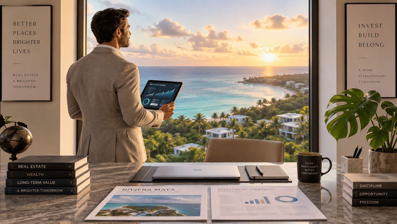 Un inversionista de bienes raíces observa una vista tropical al atardecer mientras revisa su cartera digital profesional.
