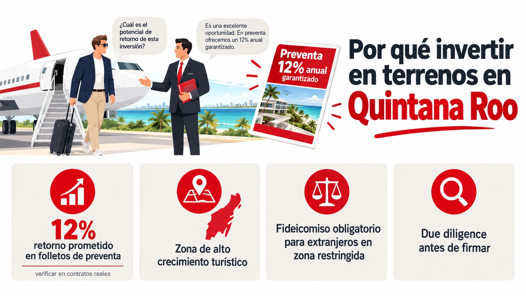 Infografía sobre los riesgos y aspectos legales de invertir en terrenos inmobiliarios en Quintana Roo, México.