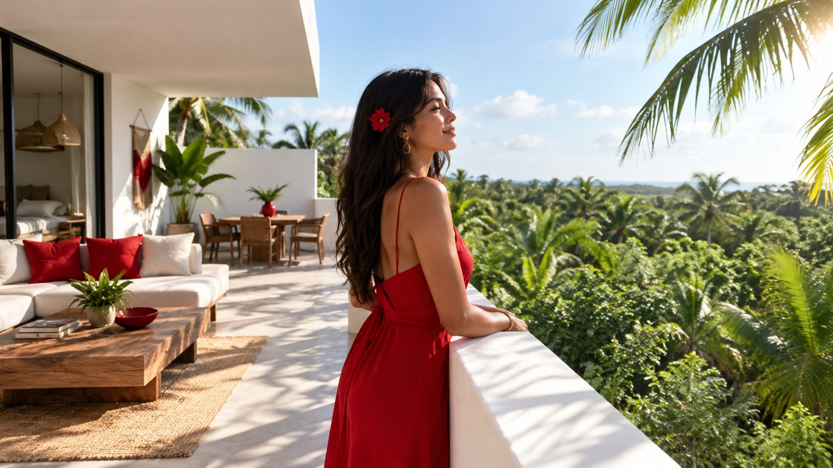 Una mujer con vestido rojo disfruta la vista tropical desde un lujoso balcón frente a la selva.
