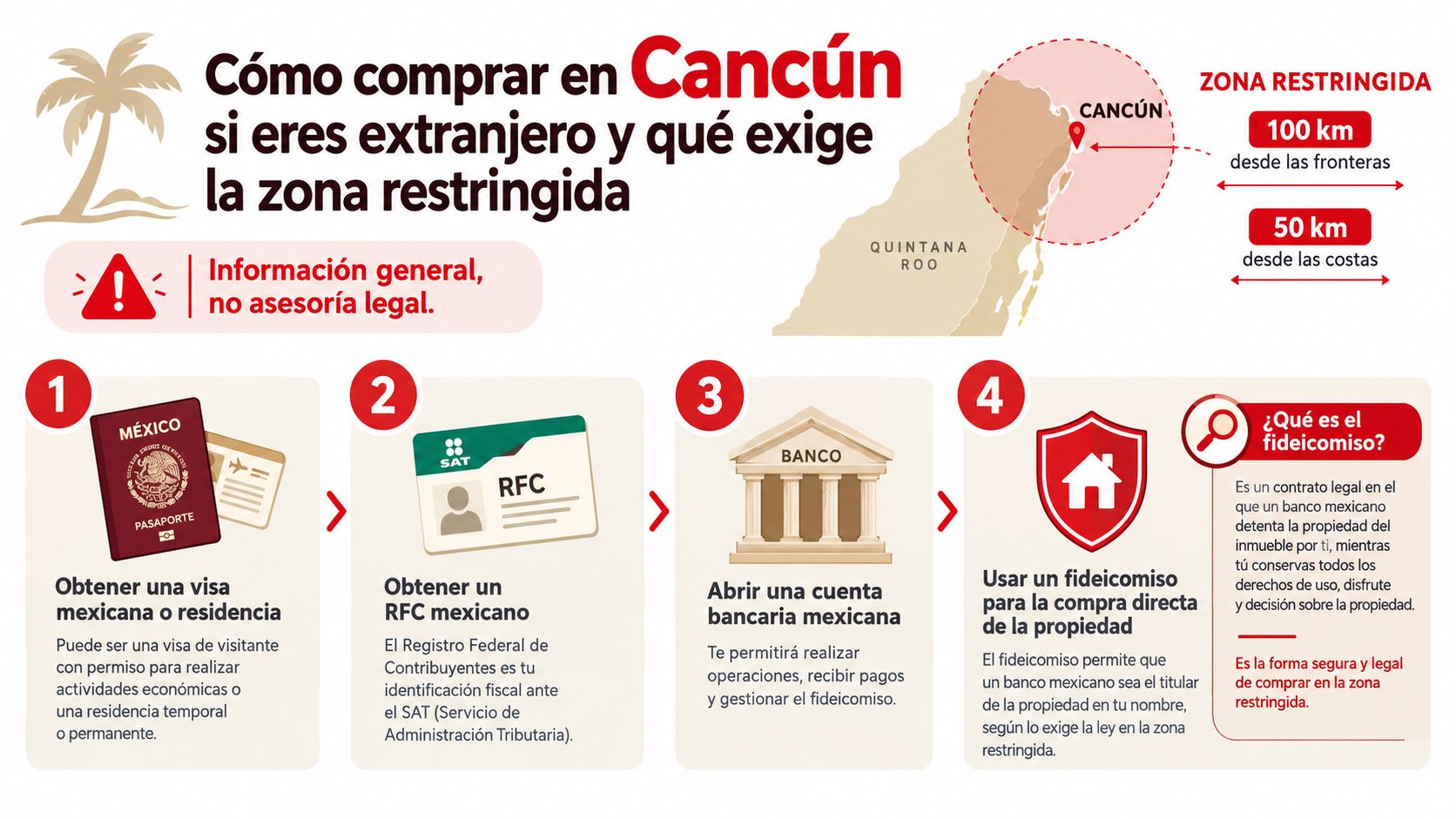 Infografía detallando los requisitos y pasos legales para que extranjeros compren propiedades inmobiliarias en Cancún, México.