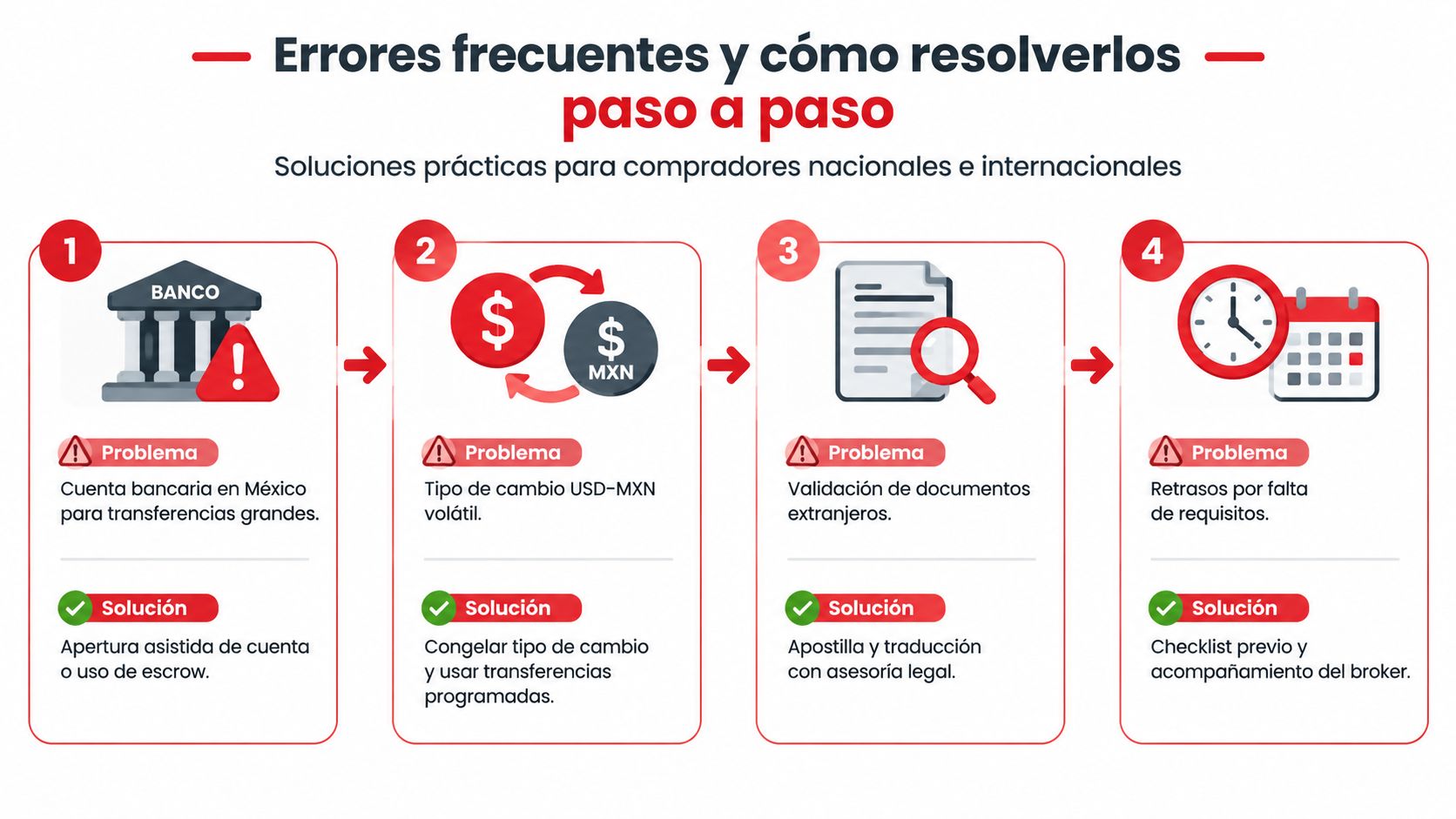Infografía mostrando cuatro errores comunes en la compra de propiedades y sus soluciones paso a paso.