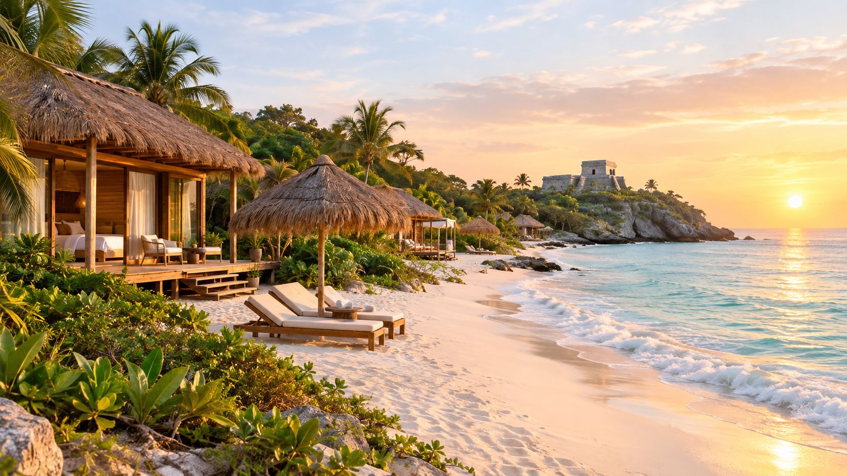 Lujoso bungalow frente al mar con vista a las ruinas mayas durante un hermoso amanecer en Tulum.