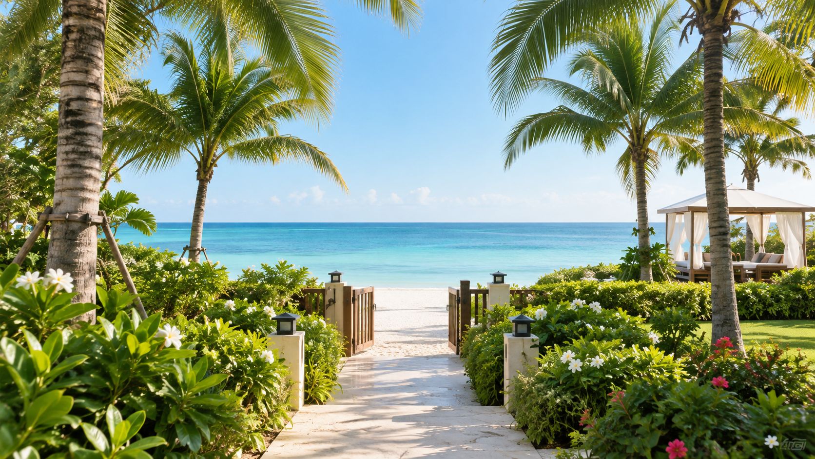 Sendero pavimentado que atraviesa exuberantes jardines tropicales hacia una playa paradisíaca con aguas azules y arena blanca