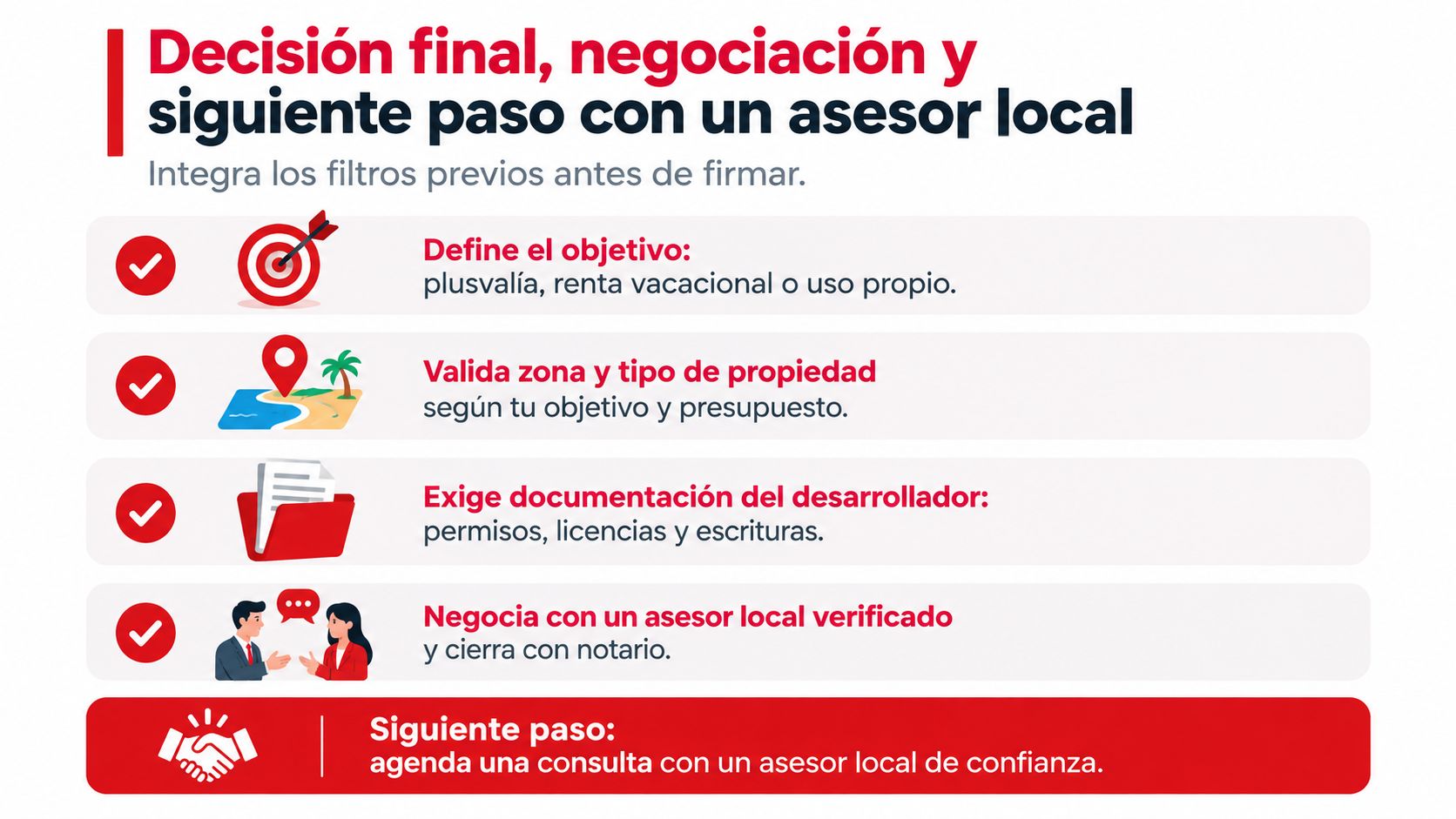 Infografía sobre pasos clave para adquirir una propiedad con asesoría profesional antes de la firma final.