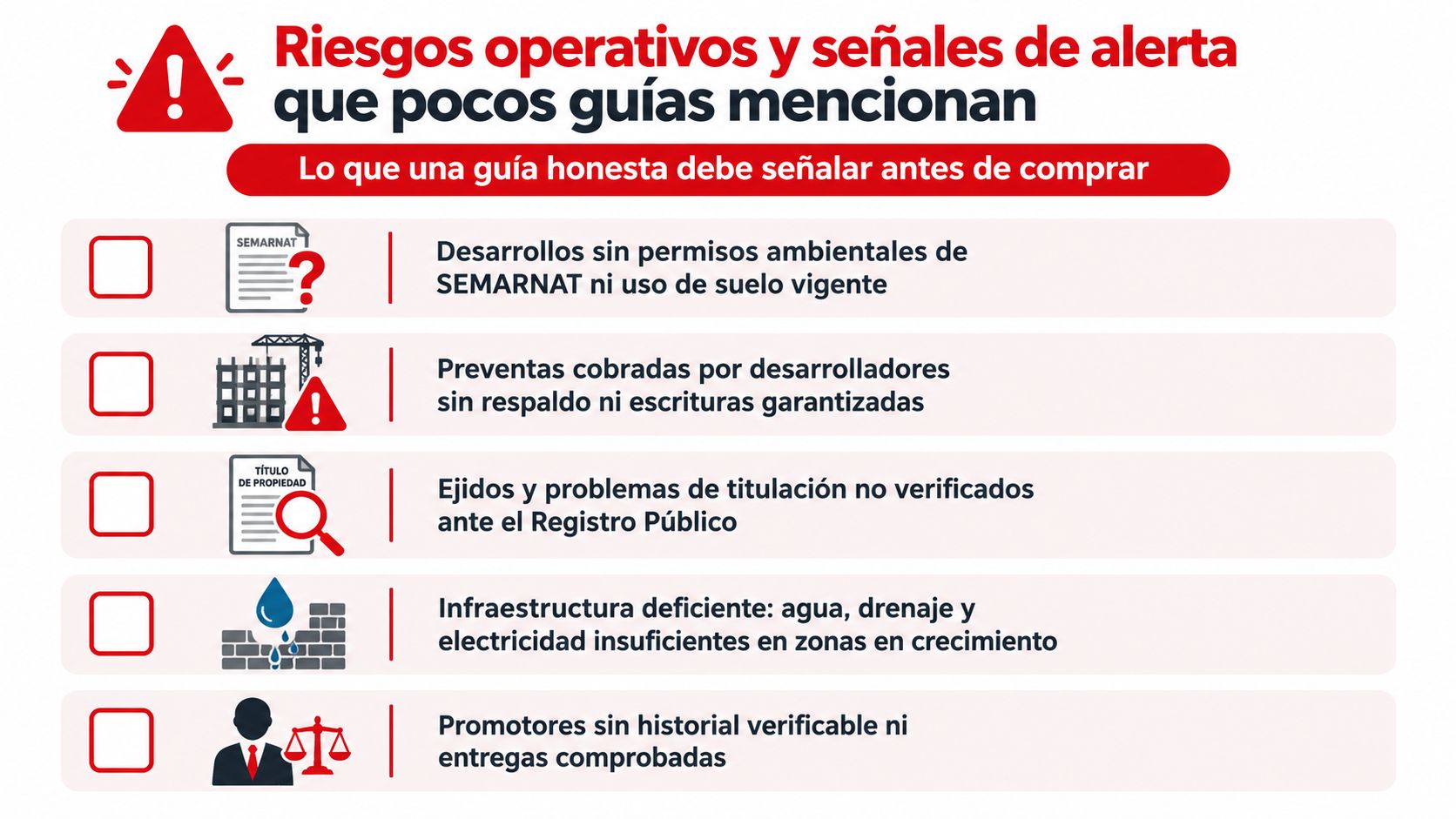 Lista de riesgos operativos y señales de alerta importantes a considerar antes de comprar bienes raíces.