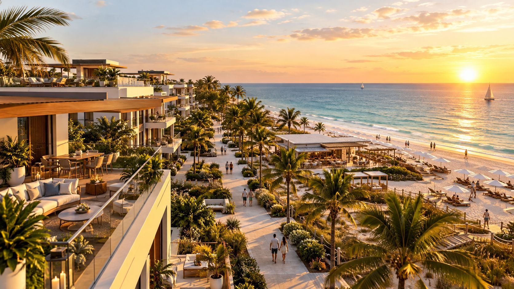 Lujoso complejo turístico frente al mar en Playa del Carmen con jardines tropicales, terrazas y playa privada.