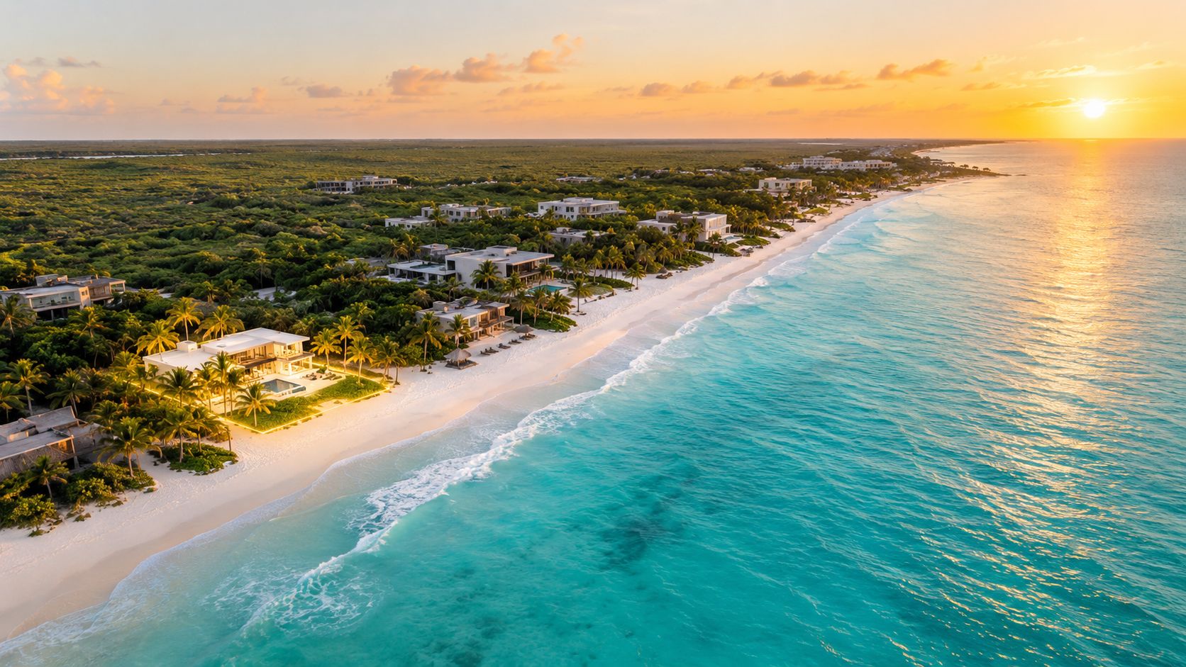 Vista aérea de una lujosa mansión frente al mar en una playa paradisíaca de Tulum al atardecer.
