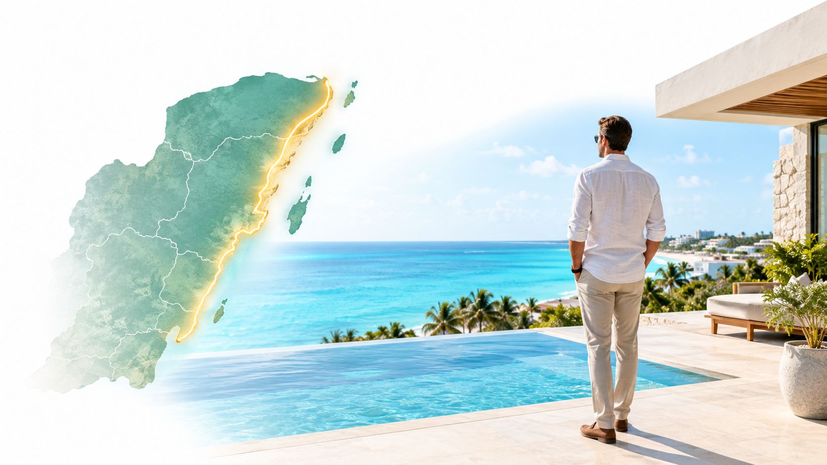 Hombre de espaldas mirando al mar Caribe desde una lujosa terraza con un mapa de Quintana Roo.